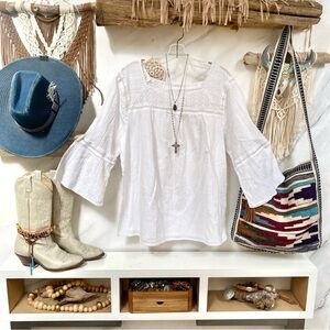 White Women's Boho Blouse with Crochet Yoke